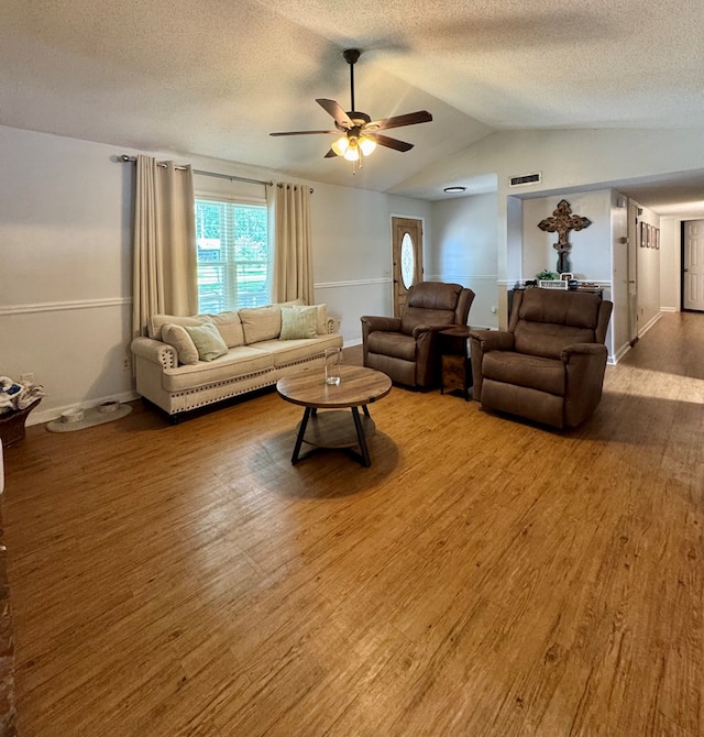 109 Pinehurst Dr, Ashford, AL 36312 - living room featuring ceiling fan, wood finished floors, a textured ceiling, and lofted ceiling
