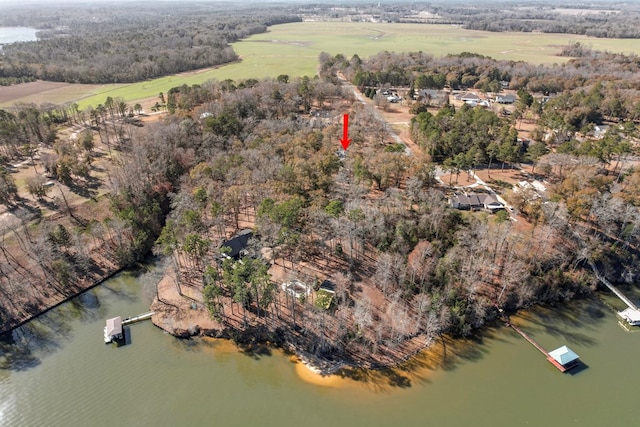 birds eye view of property with a water view and a rural view