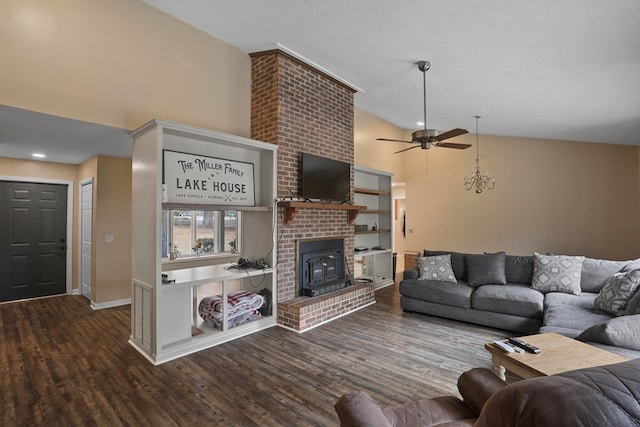 living room featuring wood-type flooring, high vaulted ceiling, and ceiling fan