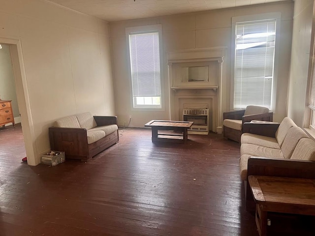 living room with heating unit, dark wood-style flooring, and a fireplace