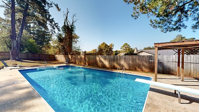 view of swimming pool with a patio and a diving board