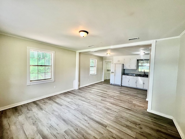 unfurnished living room with light hardwood / wood-style flooring, crown molding, and sink