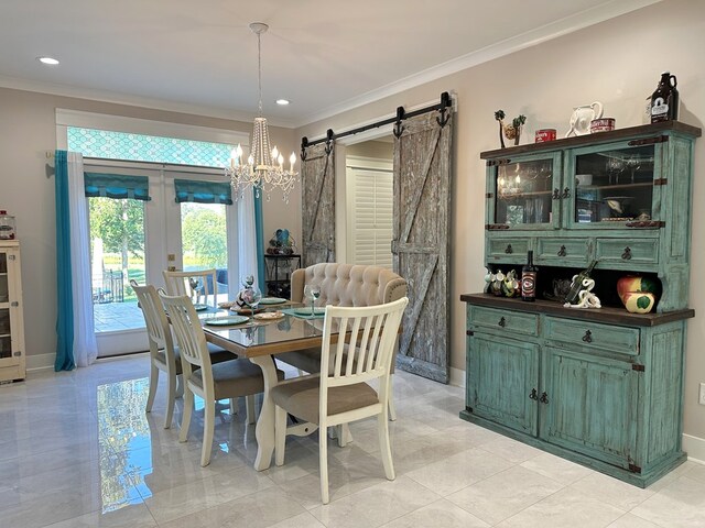 tiled dining area with a barn door, an inviting chandelier, and crown molding