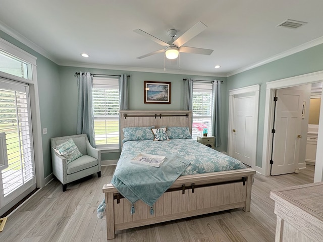 bedroom featuring access to exterior, light wood-type flooring, ceiling fan, and crown molding