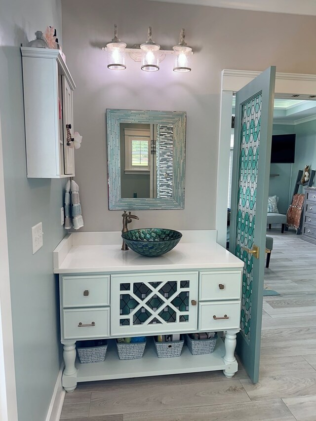 bathroom featuring vanity and wood-type flooring