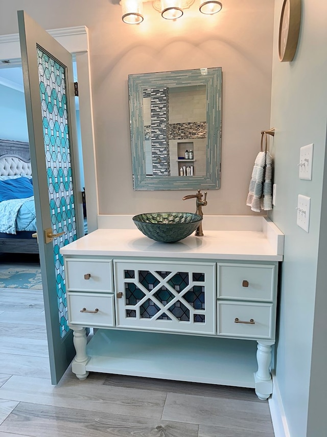 bathroom with hardwood / wood-style flooring and vanity