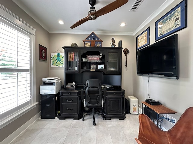 office area with ceiling fan and ornamental molding