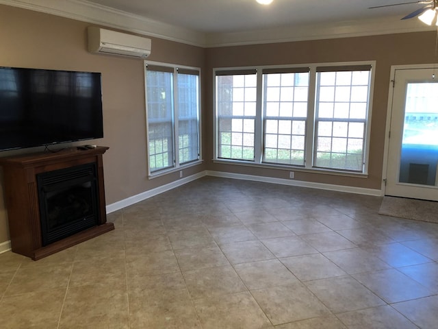 unfurnished living room with ceiling fan, light tile patterned flooring, crown molding, and a wall unit AC