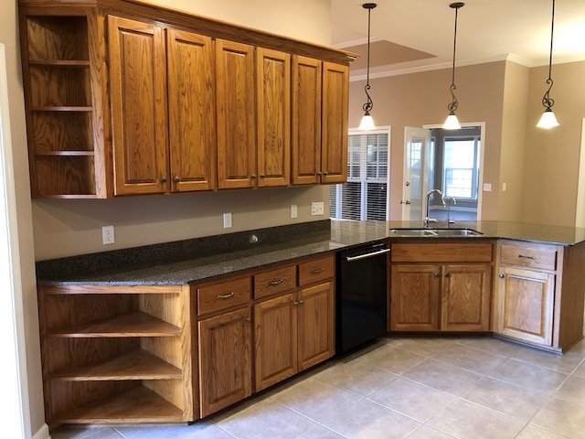 kitchen featuring dishwasher, sink, hanging light fixtures, kitchen peninsula, and light tile patterned flooring