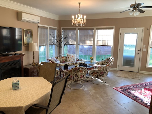 dining space featuring a wall mounted AC, crown molding, a healthy amount of sunlight, and ceiling fan with notable chandelier