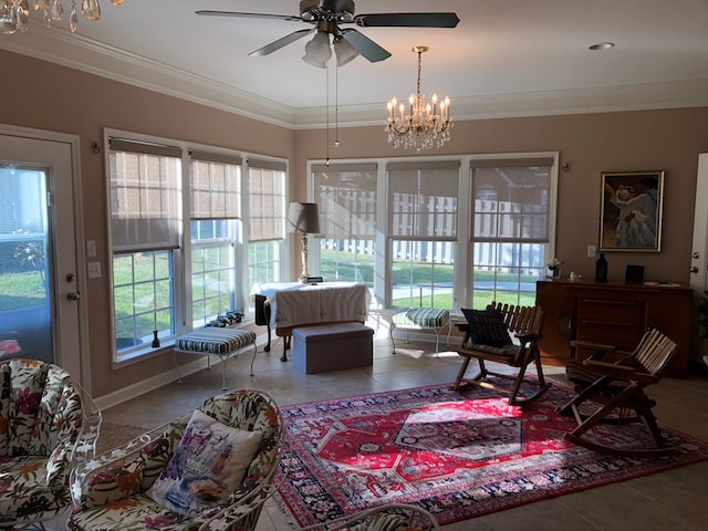 interior space featuring tile patterned floors, ceiling fan with notable chandelier, and ornamental molding