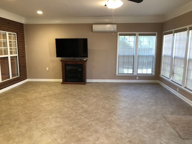 unfurnished living room with ceiling fan, an AC wall unit, and crown molding