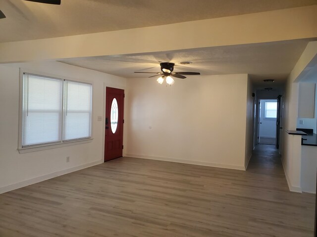 foyer with ceiling fan and wood-type flooring