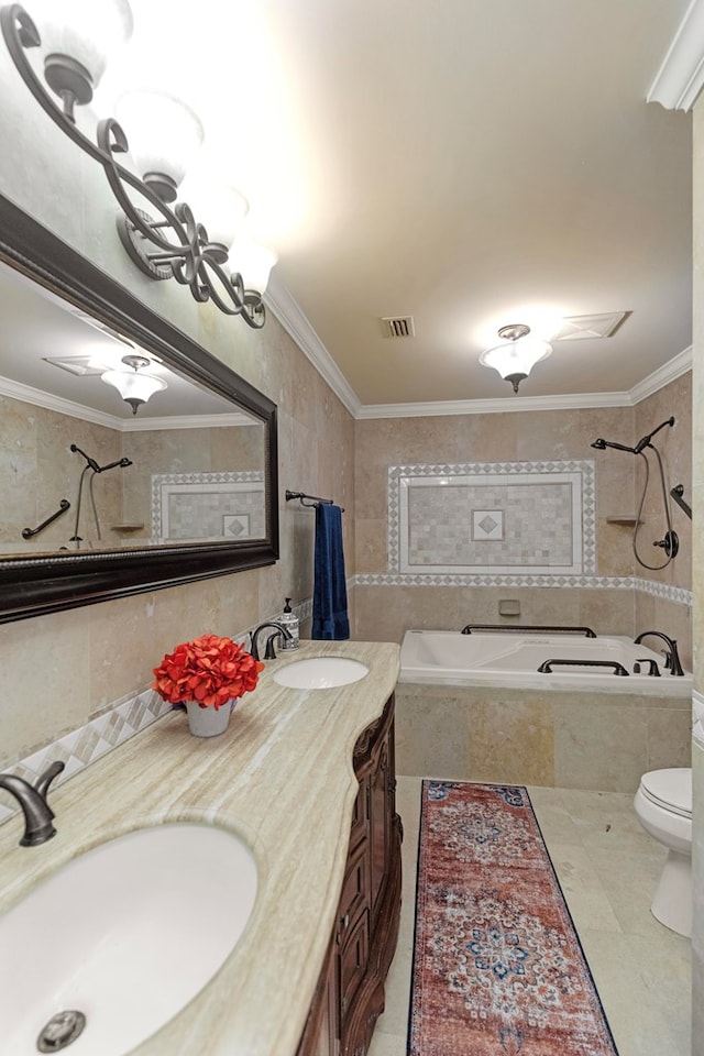 bathroom featuring vanity, toilet, and crown molding