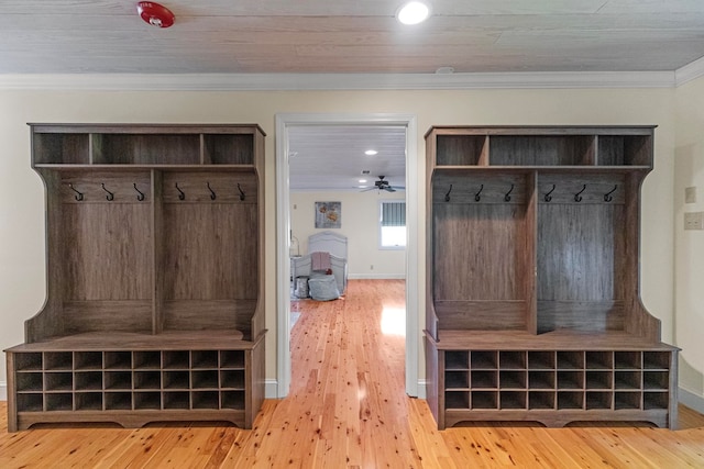 mudroom featuring ornamental molding and light hardwood / wood-style flooring