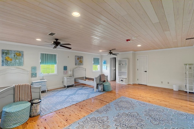 living room with ornamental molding, plenty of natural light, wood ceiling, and light hardwood / wood-style floors