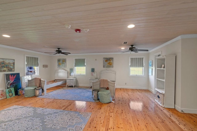 unfurnished living room featuring ceiling fan, ornamental molding, wood ceiling, and light wood-type flooring