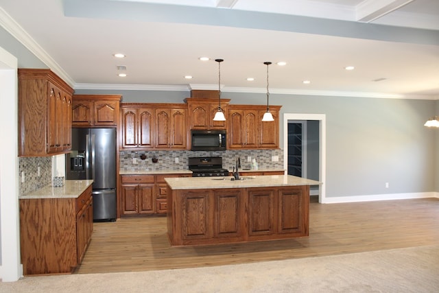 kitchen featuring stove, light wood-style flooring, brown cabinetry, and stainless steel fridge