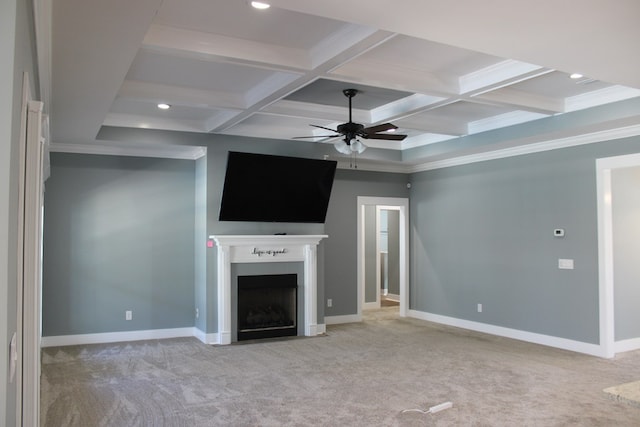 unfurnished living room featuring coffered ceiling, baseboards, carpet floors, and ceiling fan