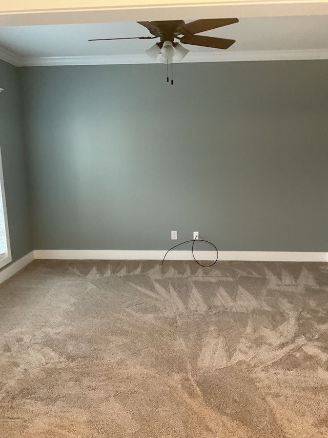 carpeted spare room featuring a ceiling fan, baseboards, and ornamental molding