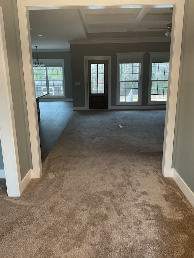 interior space featuring a healthy amount of sunlight, baseboards, a chandelier, and ornamental molding