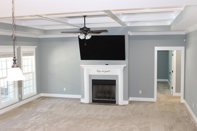 unfurnished living room with a fireplace with flush hearth, coffered ceiling, baseboards, and carpet floors