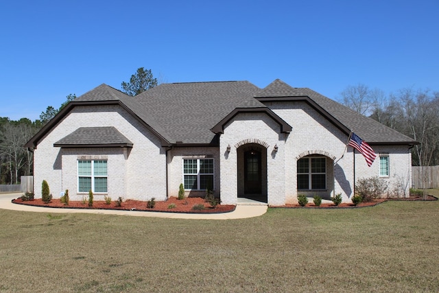 french country inspired facade featuring brick siding, fence, a front lawn, and roof with shingles