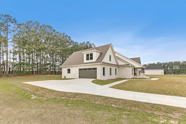 view of front facade featuring roof with shingles, brick siding, concrete driveway, a front yard, and a garage