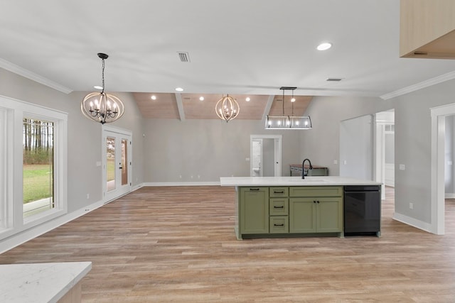 kitchen featuring vaulted ceiling with beams, a sink, a chandelier, green cabinetry, and dishwasher