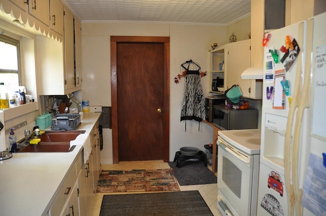 kitchen featuring sink, ventilation hood, crown molding, white appliances, and light tile patterned flooring