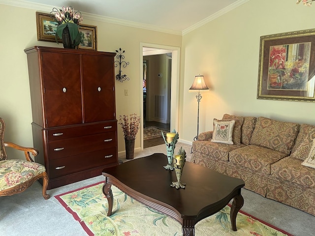 carpeted living room with ornamental molding