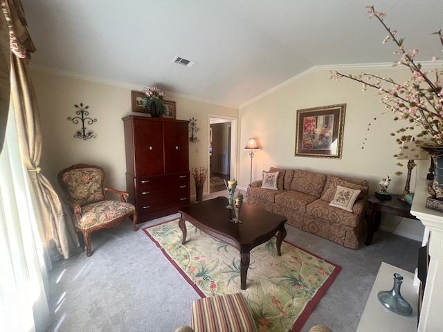 carpeted living room with vaulted ceiling and ornamental molding