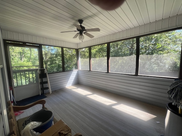 unfurnished sunroom featuring ceiling fan