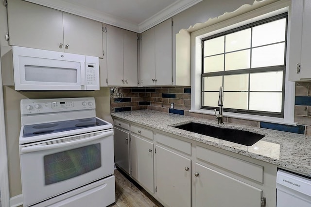 382 Timbers Dr, Dothan, AL 36301 - kitchen featuring white appliances, a sink, decorative backsplash, ornamental molding, and light stone counters