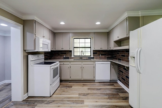 382 Timbers Dr, Dothan, AL 36301 - kitchen featuring white appliances, a sink, light wood finished floors, backsplash, and recessed lighting