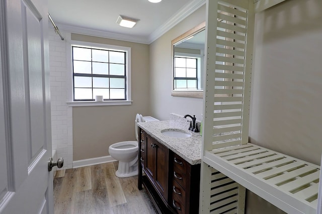 382 Timbers Dr, Dothan, AL 36301 - bathroom with toilet, vanity, ornamental molding, wood finished floors, and a shower