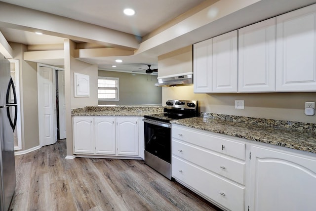 kitchen with ceiling fan, stainless steel appliances, white cabinetry, and light stone countertops