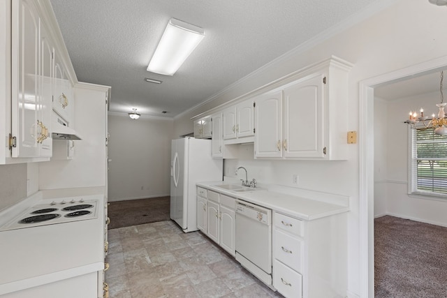 kitchen with sink, an inviting chandelier, light colored carpet, white appliances, and white cabinets