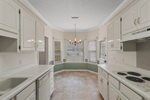 kitchen featuring white cabinets, custom exhaust hood, white appliances, and ornamental molding