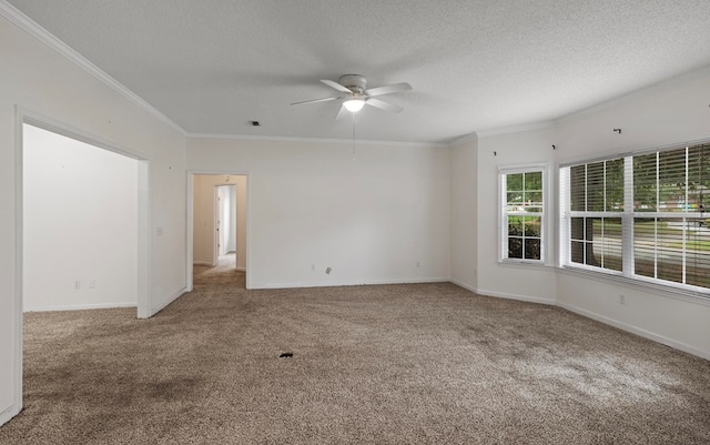 carpeted spare room featuring crown molding, ceiling fan, and a textured ceiling