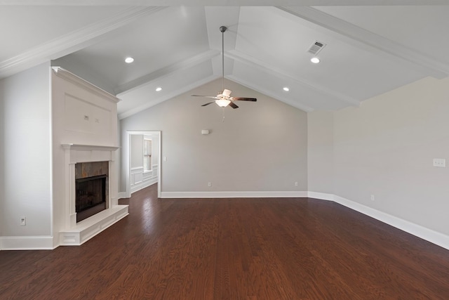 unfurnished living room featuring lofted ceiling with beams, ceiling fan, and dark wood-type flooring