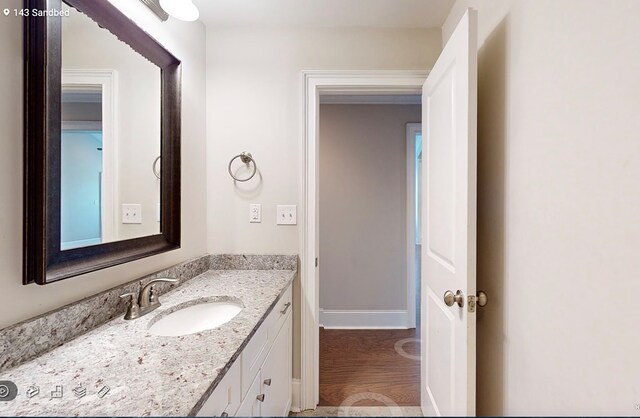 bathroom featuring vanity and wood-type flooring