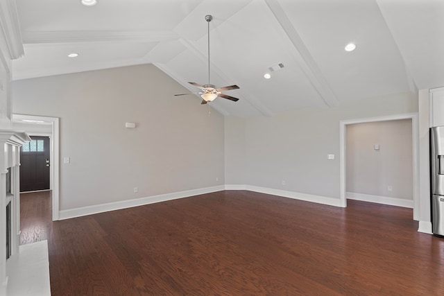 unfurnished living room featuring beam ceiling, dark hardwood / wood-style flooring, high vaulted ceiling, and ceiling fan