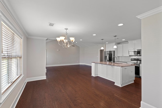 kitchen with sink, dark wood-type flooring, stainless steel appliances, crown molding, and a kitchen island with sink