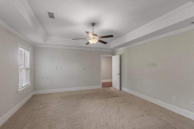 spare room featuring carpet, a tray ceiling, ceiling fan, and ornamental molding