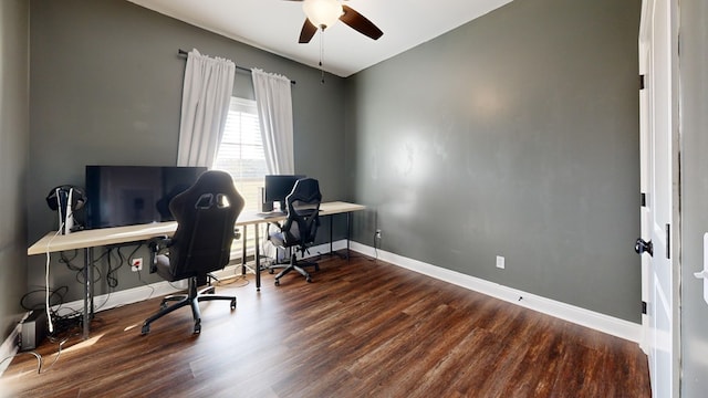 office area featuring dark hardwood / wood-style floors and ceiling fan