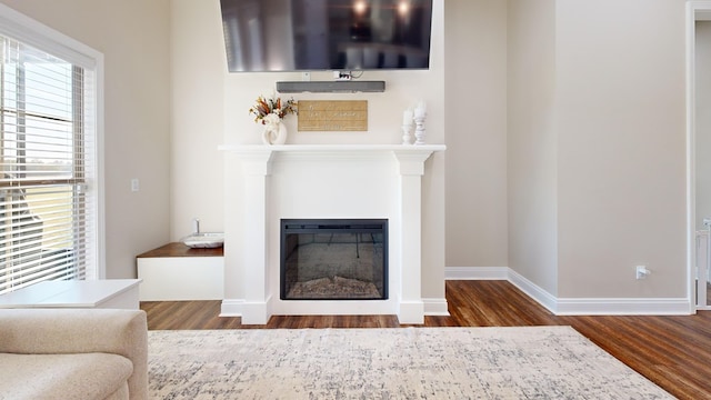 living room with dark hardwood / wood-style floors