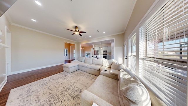 living room featuring crown molding, wood-type flooring, and ceiling fan