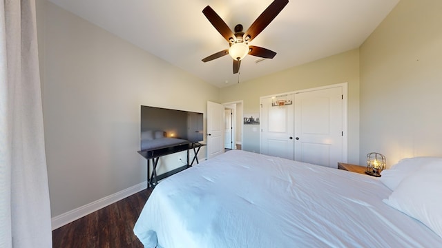 bedroom featuring ceiling fan, dark hardwood / wood-style flooring, and a closet