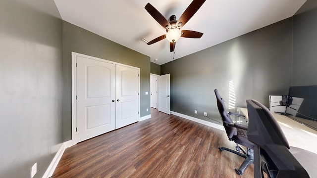 office featuring ceiling fan and dark hardwood / wood-style floors